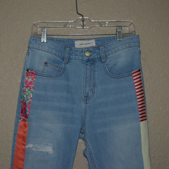 NWOT Sz 4 Hellessy Patchwork Embelished Distressed Slim-Leg Ankle Jeans - Picture 2 of 6